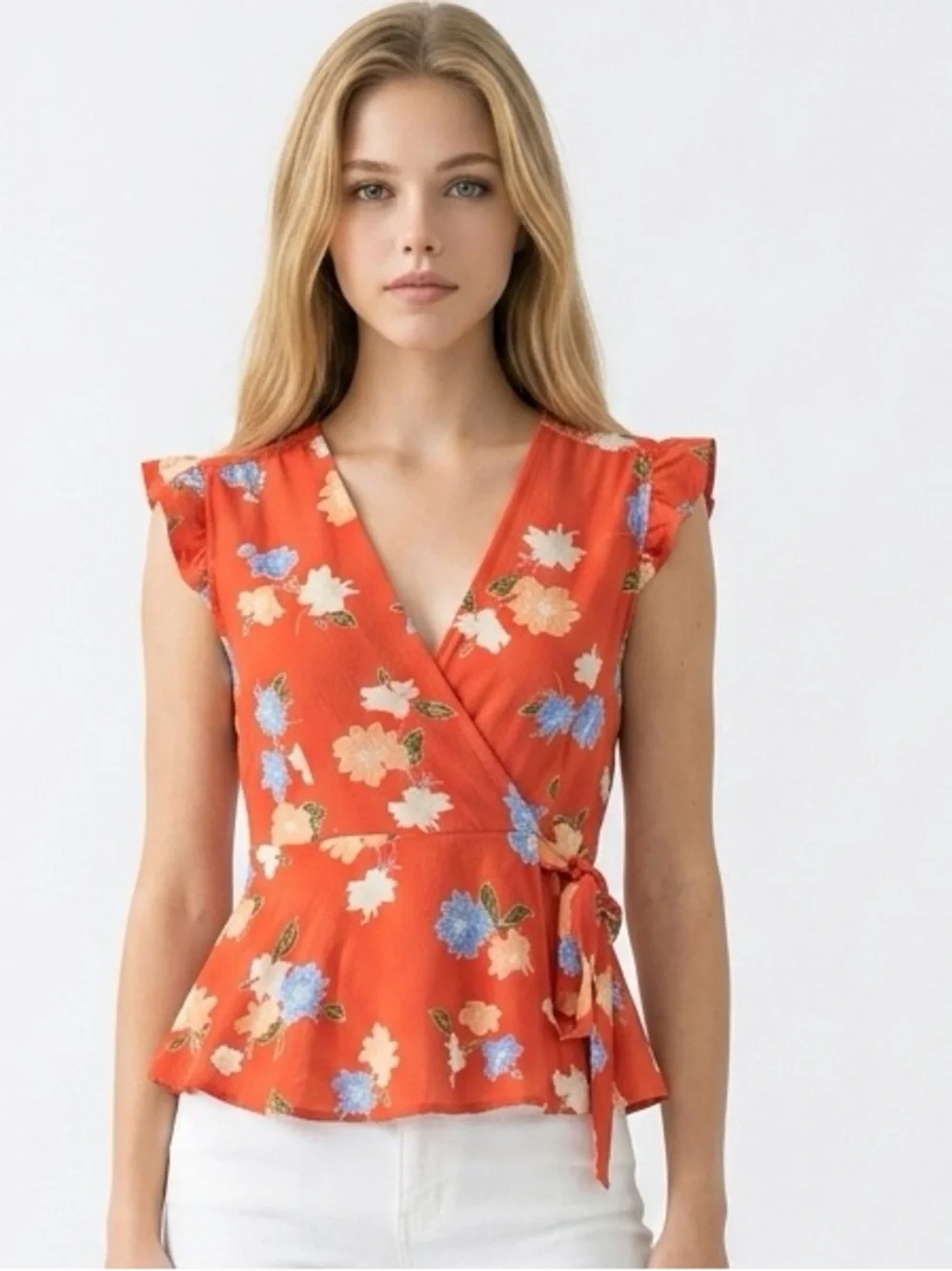 New monteau blouse sleeveless faux wrap orange floral side tie top shirt size‎ M